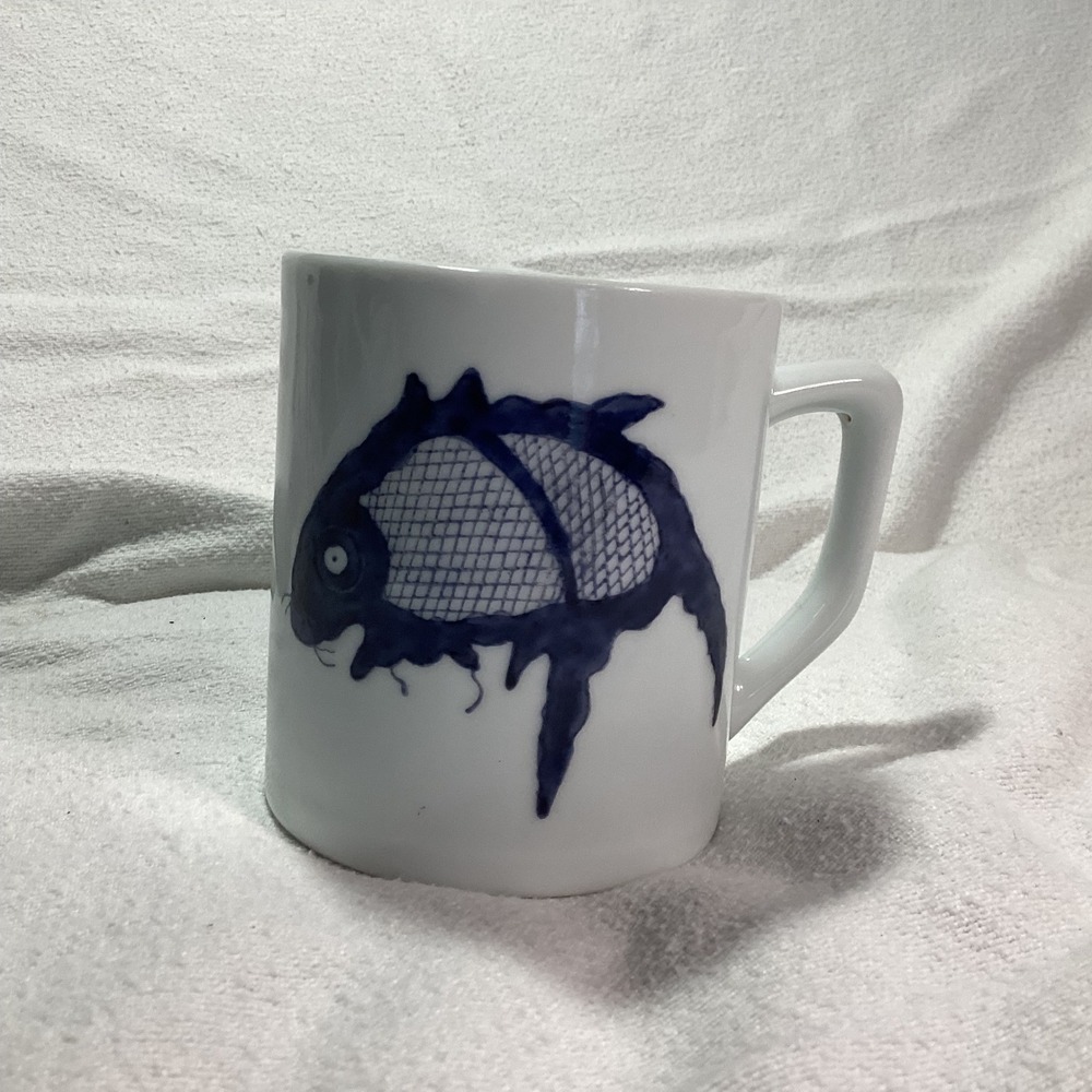 Overjoy Vintage Hand Painted Blue Fish Porcelain Coffee Mug Hong Kong Coastal